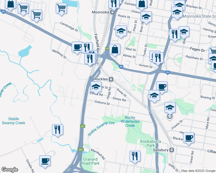 map of restaurants, bars, coffee shops, grocery stores, and more near 54 Darnley Street in Rocklea