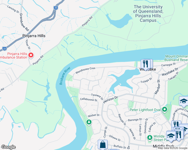 map of restaurants, bars, coffee shops, grocery stores, and more near 30 Bellfield Place in Westlake