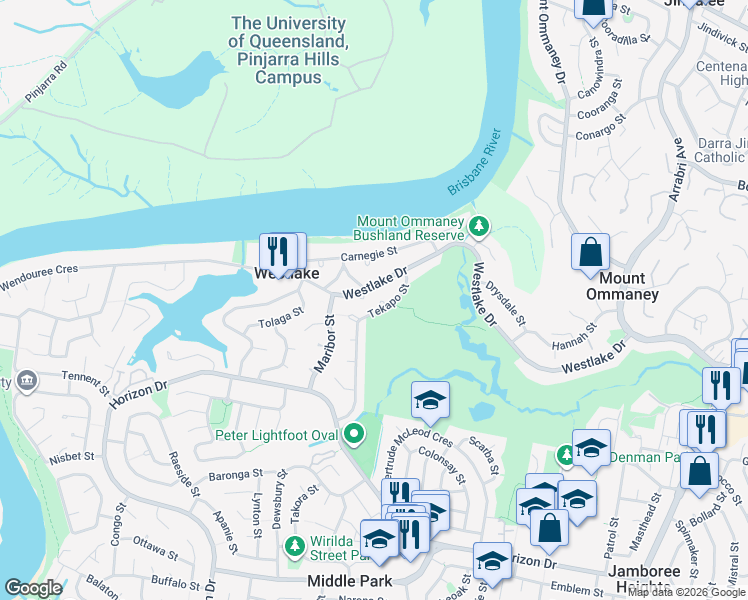 map of restaurants, bars, coffee shops, grocery stores, and more near 4 Riga Close in Westlake