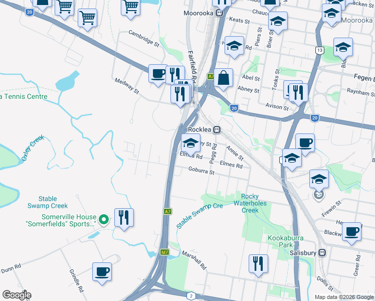 map of restaurants, bars, coffee shops, grocery stores, and more near 16 Elmes Road in Rocklea