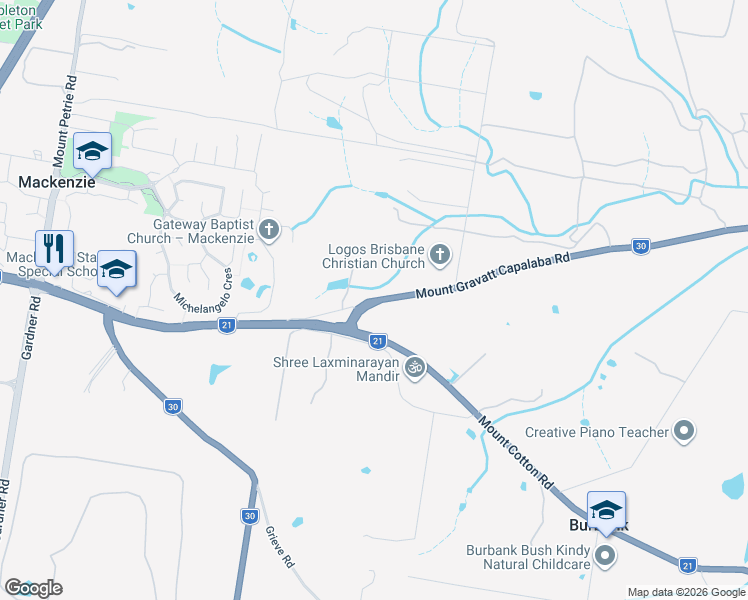 map of restaurants, bars, coffee shops, grocery stores, and more near Mount Gravatt Capalaba Road in Brisbane City