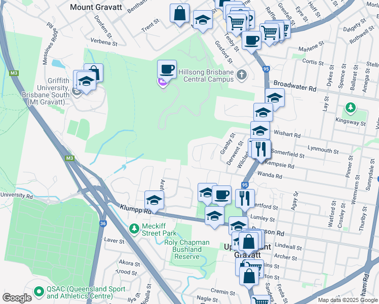 map of restaurants, bars, coffee shops, grocery stores, and more near 35 Prenzler Street in Upper Mount Gravatt