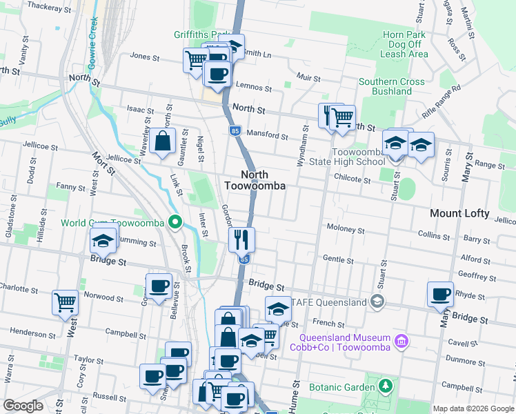 map of restaurants, bars, coffee shops, grocery stores, and more near 194 Ruthven Street in North Toowoomba