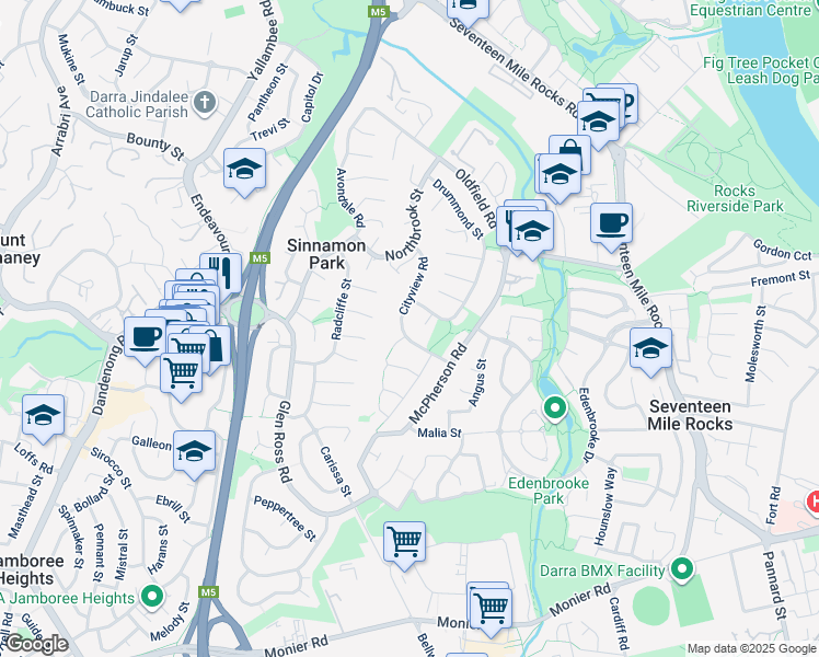 map of restaurants, bars, coffee shops, grocery stores, and more near 40 Cityview Road in Sinnamon Park
