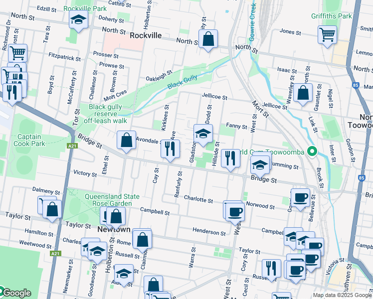 map of restaurants, bars, coffee shops, grocery stores, and more near 31 Gladstone Street in Newtown