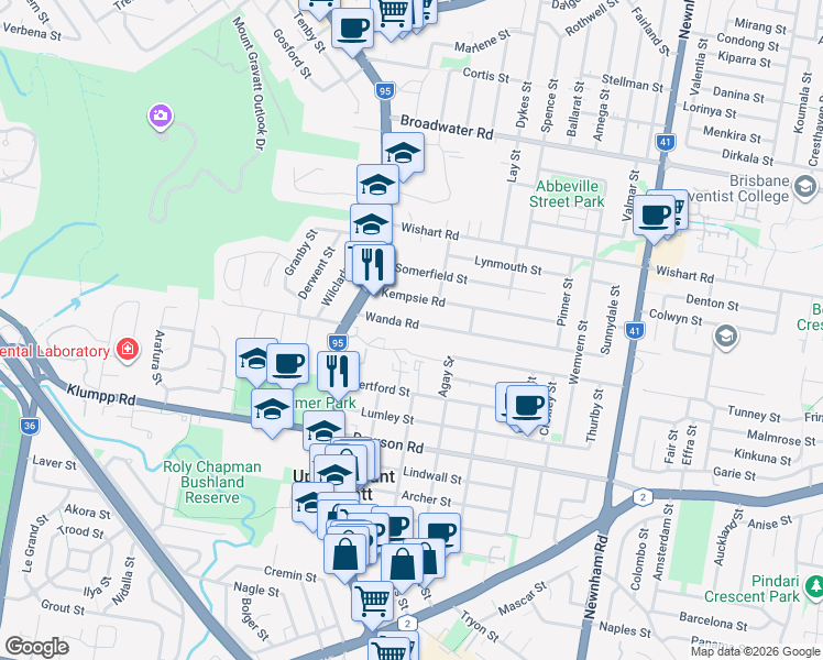 map of restaurants, bars, coffee shops, grocery stores, and more near 45 Wanda Road in Upper Mount Gravatt