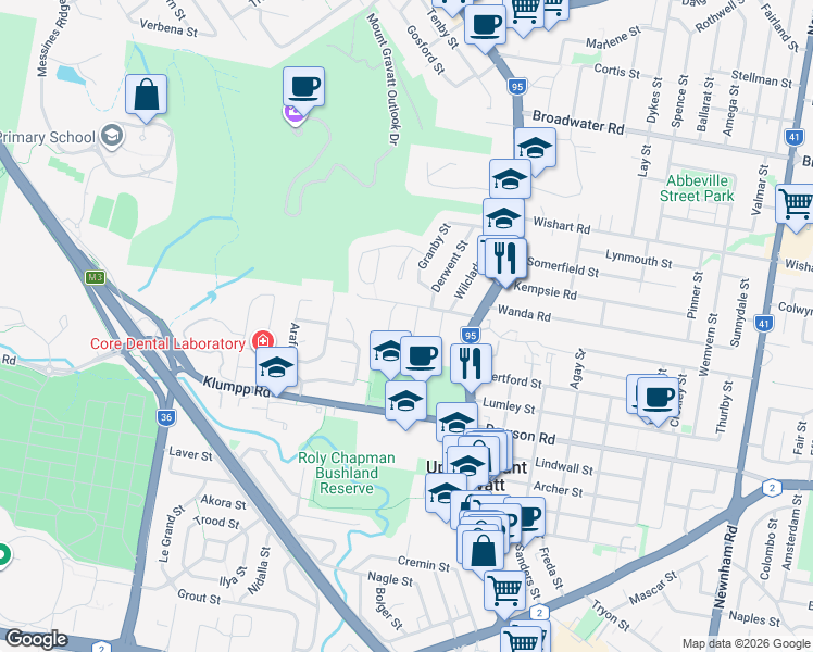 map of restaurants, bars, coffee shops, grocery stores, and more near 15 Curfew Street in Upper Mount Gravatt