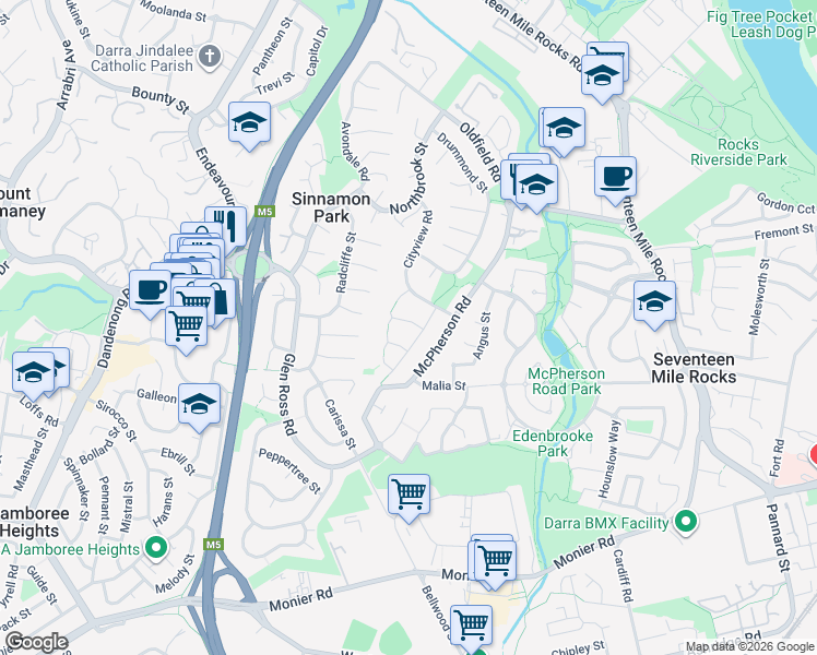 map of restaurants, bars, coffee shops, grocery stores, and more near 4 Wesley Place in Sinnamon Park