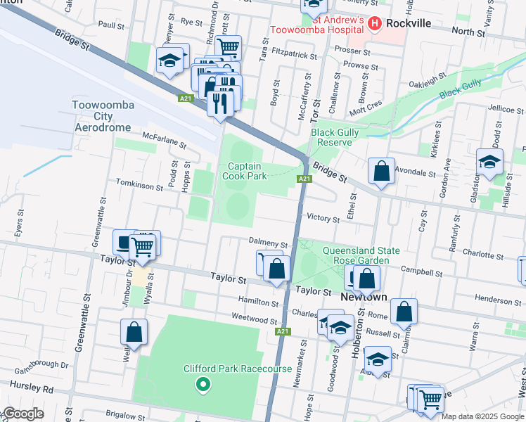map of restaurants, bars, coffee shops, grocery stores, and more near 21 Park Street in Wilsonton