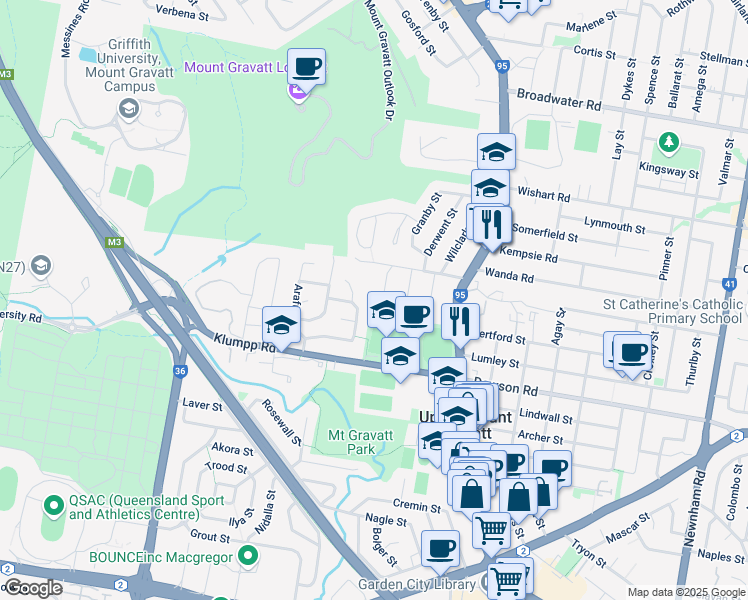 map of restaurants, bars, coffee shops, grocery stores, and more near 27 Mascot Street in Upper Mount Gravatt