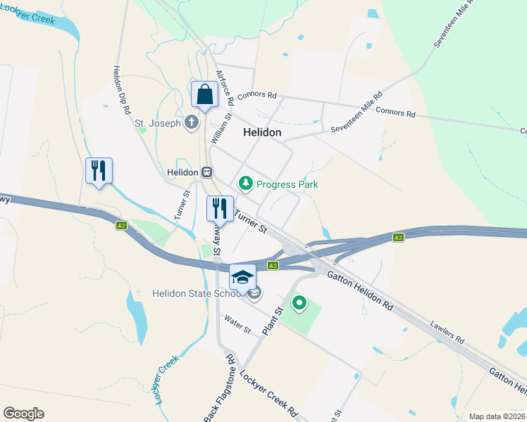 map of restaurants, bars, coffee shops, grocery stores, and more near 3 George Street in Helidon