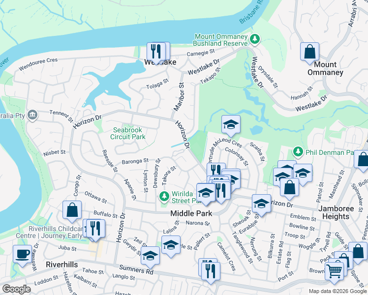 map of restaurants, bars, coffee shops, grocery stores, and more near 62 Dewsbury Street in Middle Park
