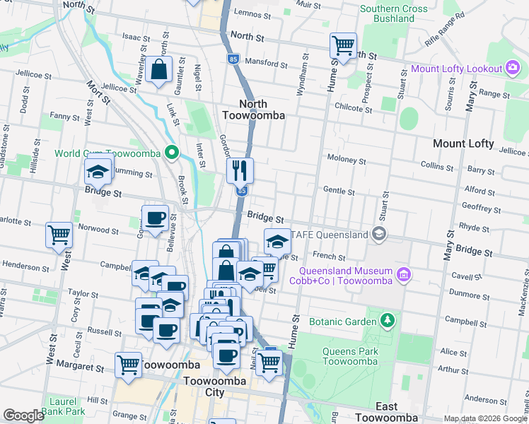 map of restaurants, bars, coffee shops, grocery stores, and more near 169 Bridge Street in North Toowoomba