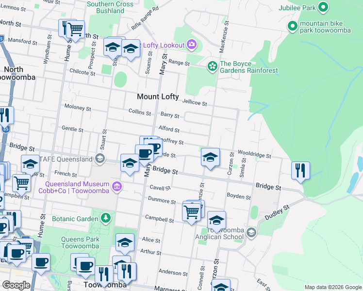 map of restaurants, bars, coffee shops, grocery stores, and more near 20 Geoffrey Street in Mount Lofty