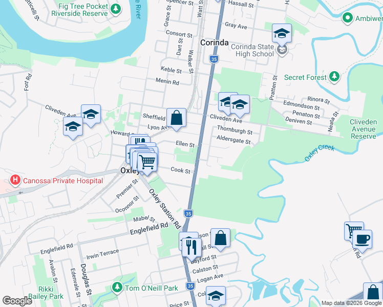 map of restaurants, bars, coffee shops, grocery stores, and more near 929 Oxley Road in Oxley