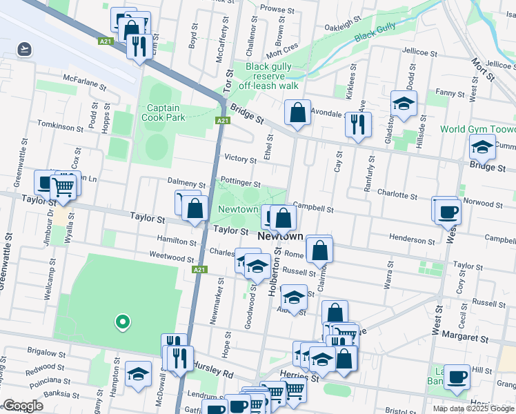 map of restaurants, bars, coffee shops, grocery stores, and more near 147 Taylor Street in Newtown