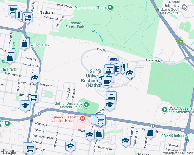 map of restaurants, bars, coffee shops, grocery stores, and more near 170 Kessels Road in Nathan
