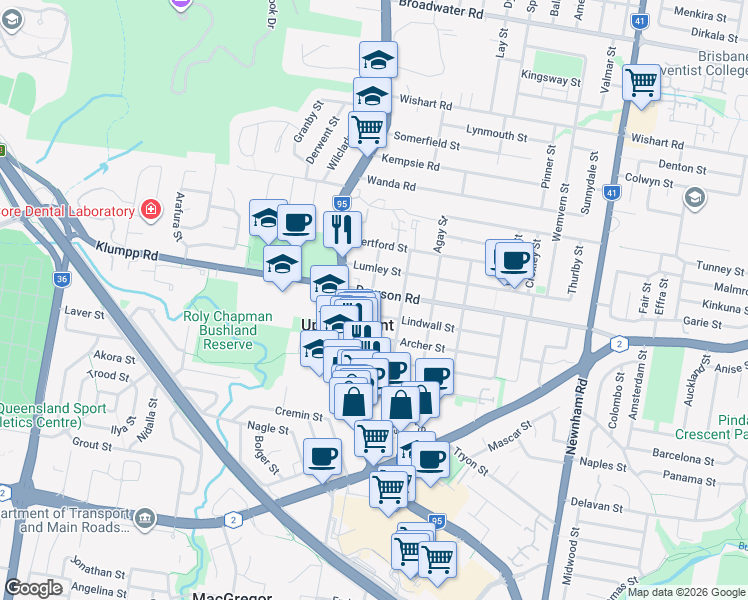 map of restaurants, bars, coffee shops, grocery stores, and more near 27 Dawson Road in Upper Mount Gravatt