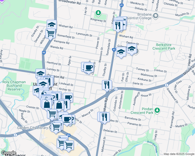 map of restaurants, bars, coffee shops, grocery stores, and more near 163 Lumley Street in Upper Mount Gravatt