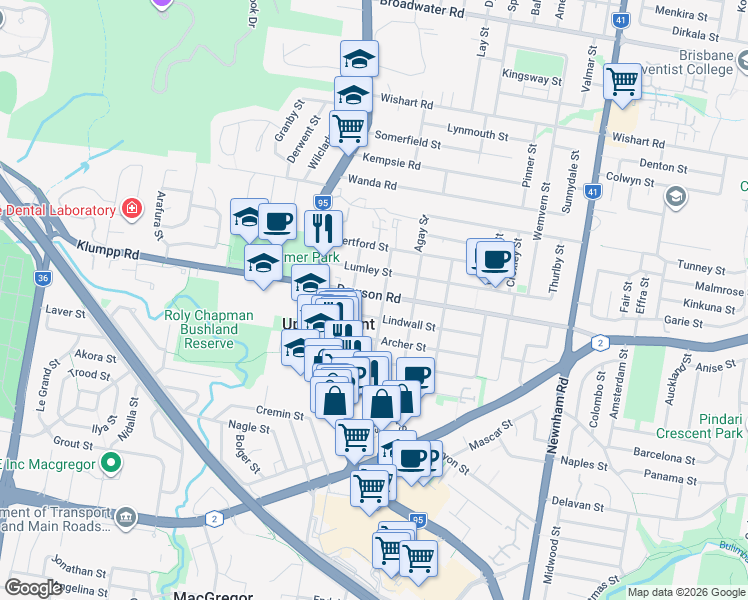 map of restaurants, bars, coffee shops, grocery stores, and more near 43 Dawson Road in Upper Mount Gravatt