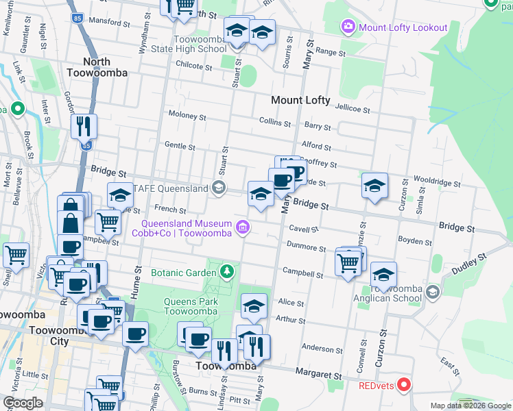 map of restaurants, bars, coffee shops, grocery stores, and more near 8 Lindsay Street in East Toowoomba