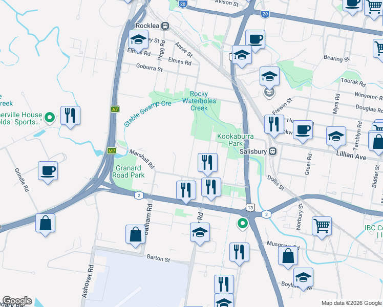 map of restaurants, bars, coffee shops, grocery stores, and more near Freney Street in Rocklea