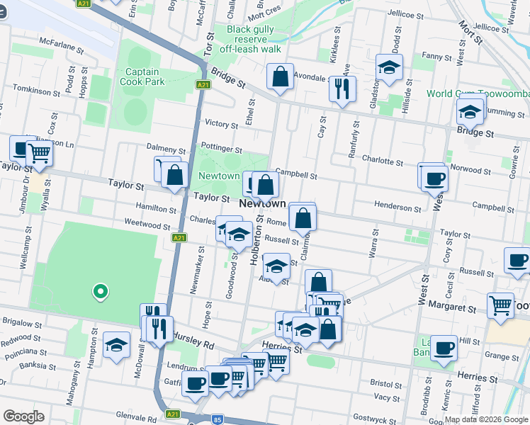 map of restaurants, bars, coffee shops, grocery stores, and more near 136 Holberton Street in Newtown