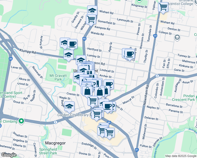 map of restaurants, bars, coffee shops, grocery stores, and more near 36 Perkins Street in Upper Mount Gravatt
