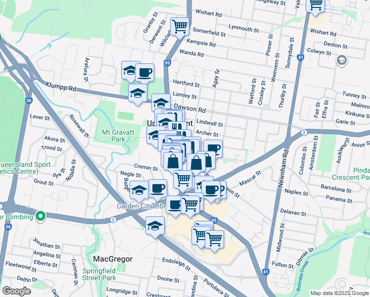 map of restaurants, bars, coffee shops, grocery stores, and more near 20 Norton Street in Upper Mount Gravatt