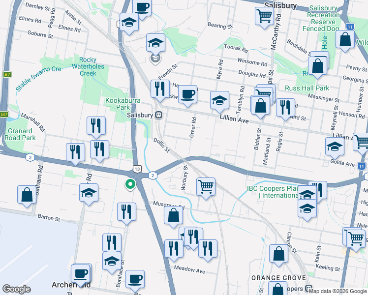 map of restaurants, bars, coffee shops, grocery stores, and more near 55 Greer Road in Salisbury