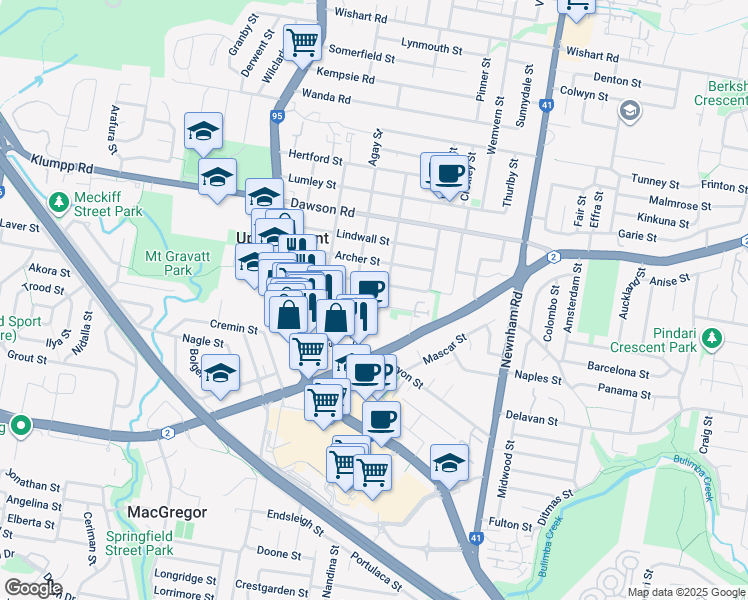 map of restaurants, bars, coffee shops, grocery stores, and more near 70 Norton Street in Upper Mount Gravatt