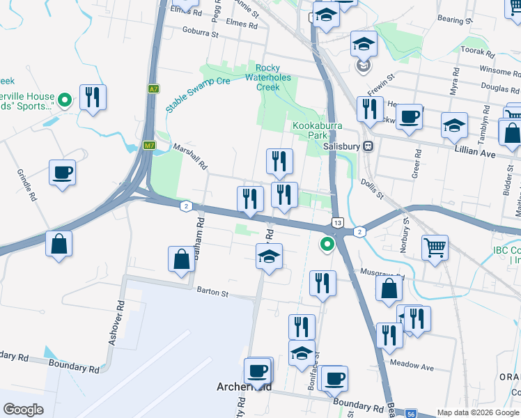 map of restaurants, bars, coffee shops, grocery stores, and more near 9 Clare Road in Rocklea