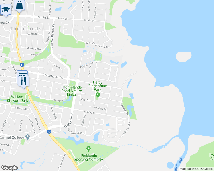 map of restaurants, bars, coffee shops, grocery stores, and more near 104 Thornlands Road in Thornlands