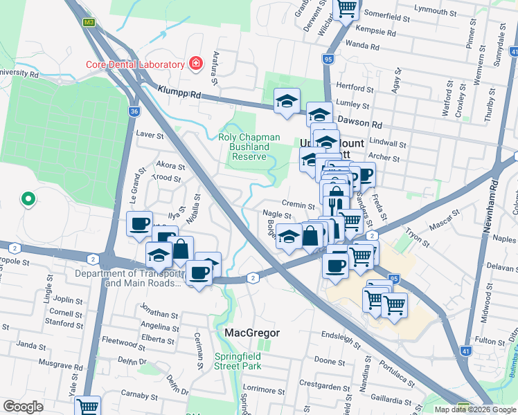map of restaurants, bars, coffee shops, grocery stores, and more near 62 Cremin Street in Upper Mount Gravatt