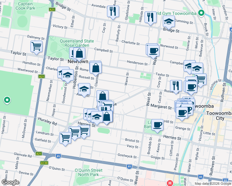 map of restaurants, bars, coffee shops, grocery stores, and more near 10 Wallace Street in Newtown