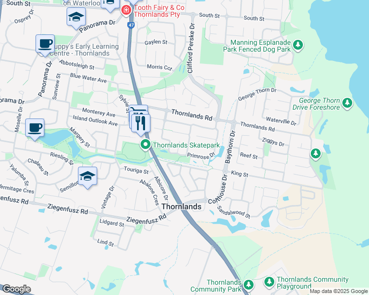 map of restaurants, bars, coffee shops, grocery stores, and more near 31 Moreton View Crescent in Thornlands