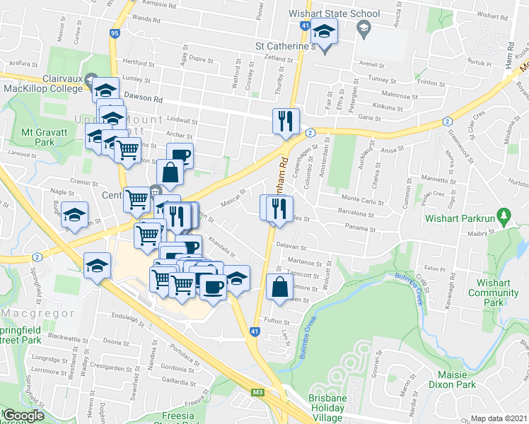 map of restaurants, bars, coffee shops, grocery stores, and more near 9 Everett Street in Upper Mount Gravatt