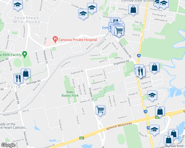 map of restaurants, bars, coffee shops, grocery stores, and more near 18 Irwin Terrace in Oxley