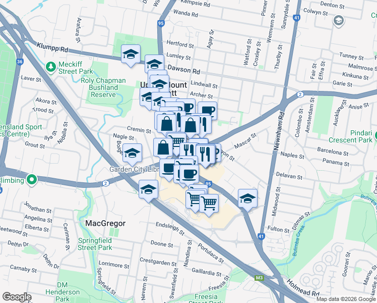 map of restaurants, bars, coffee shops, grocery stores, and more near 21 Mt Gravatt-Capalaba Rd in Upper Mt Gravatt
