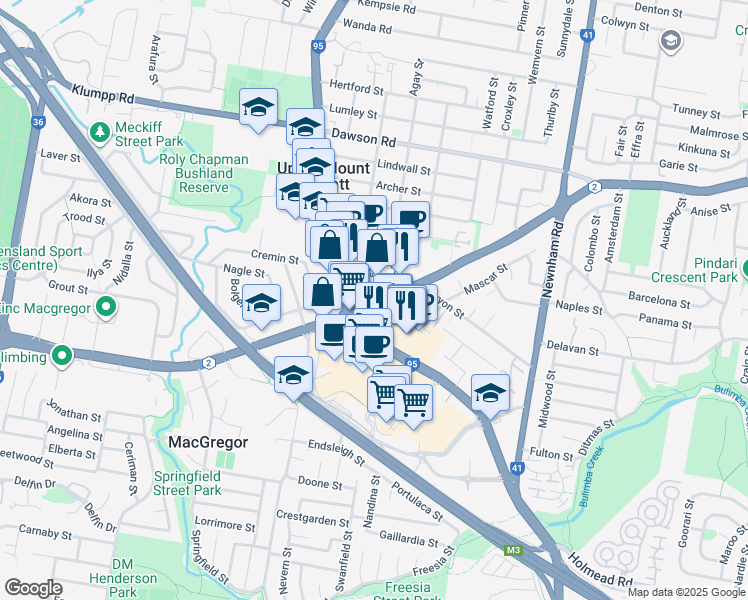 map of restaurants, bars, coffee shops, grocery stores, and more near Mount Gravatt Capalaba Road in Brisbane City