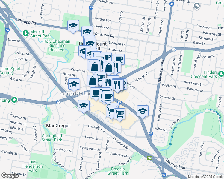 map of restaurants, bars, coffee shops, grocery stores, and more near 21 Mount Gravatt Capalaba Road in Upper Mount Gravatt