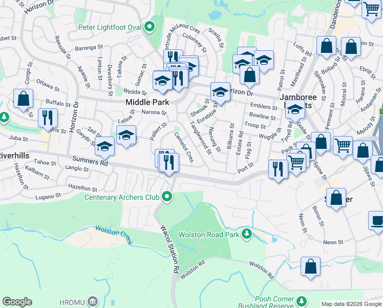 map of restaurants, bars, coffee shops, grocery stores, and more near 9 Camelot Crescent in Middle Park