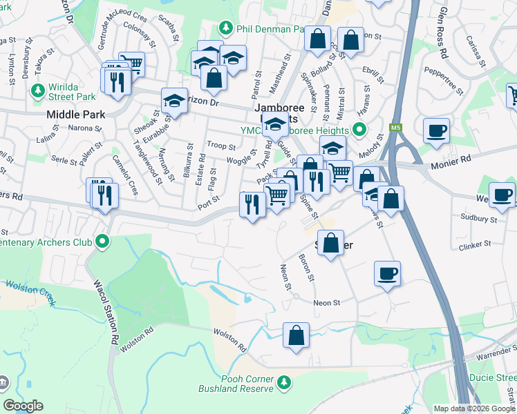 map of restaurants, bars, coffee shops, grocery stores, and more near 97 Sumners Road in Jamboree Heights