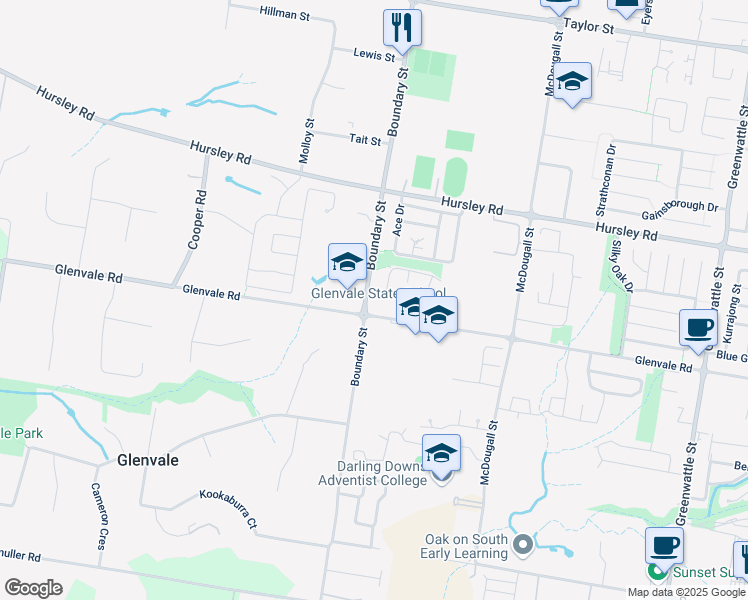 map of restaurants, bars, coffee shops, grocery stores, and more near 660 Boundary Street in Glenvale