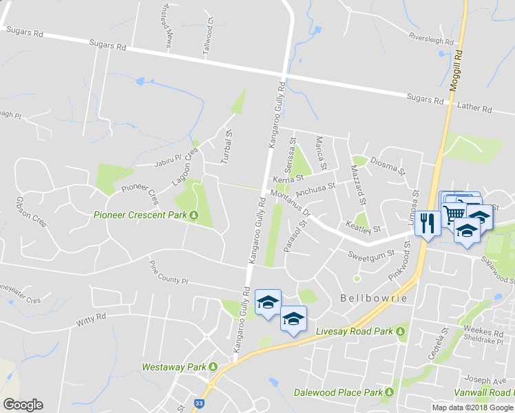 map of restaurants, bars, coffee shops, grocery stores, and more near 190 Kangaroo Gully Road in Bellbowrie