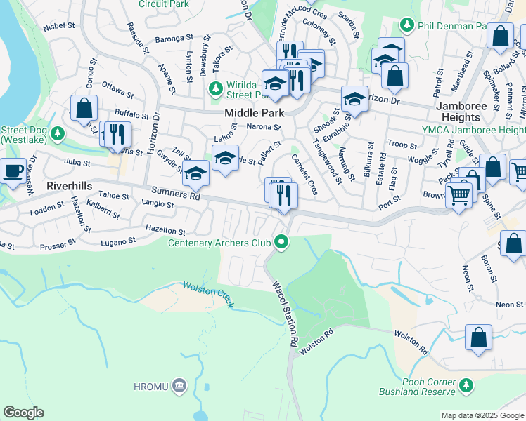 map of restaurants, bars, coffee shops, grocery stores, and more near 250 Sumners Road in Riverhills
