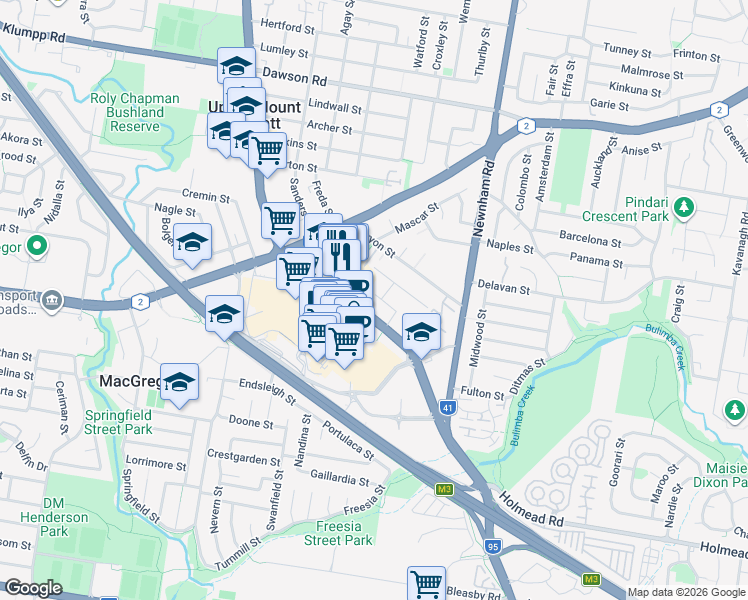 map of restaurants, bars, coffee shops, grocery stores, and more near 44 Kelburn Street in Upper Mount Gravatt