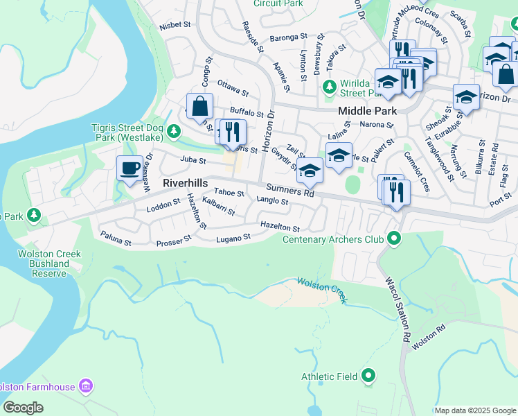 map of restaurants, bars, coffee shops, grocery stores, and more near 23 Athos Street in Riverhills