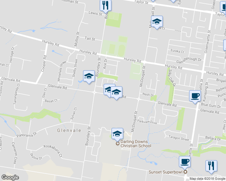 map of restaurants, bars, coffee shops, grocery stores, and more near 23 Winning Street in Glenvale