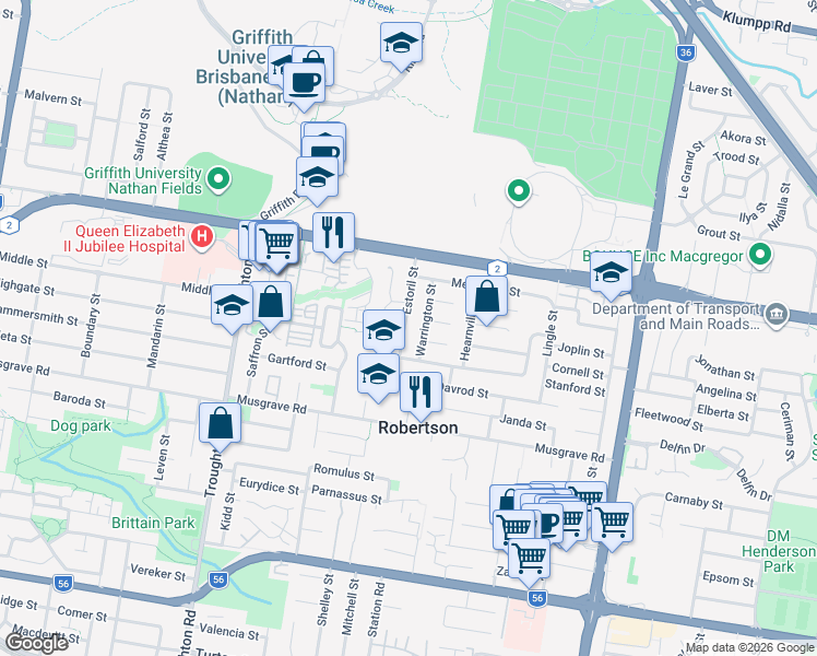 map of restaurants, bars, coffee shops, grocery stores, and more near 28 Estoril Street in Robertson